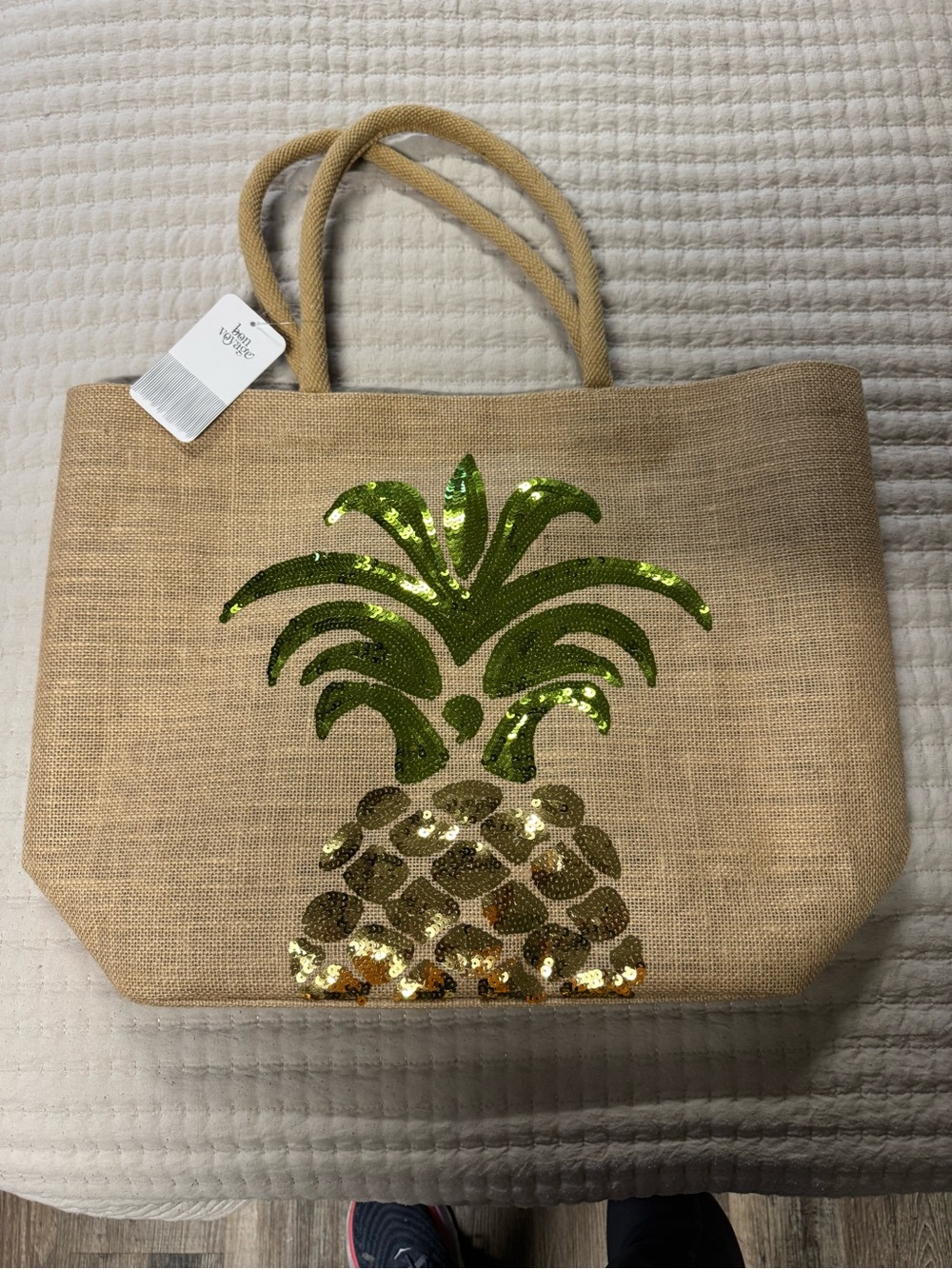 Sequin Pineapple Beach Tote - Natural/Green